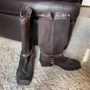 Two Lips brown leather suede flower rimmed moto boots size 8